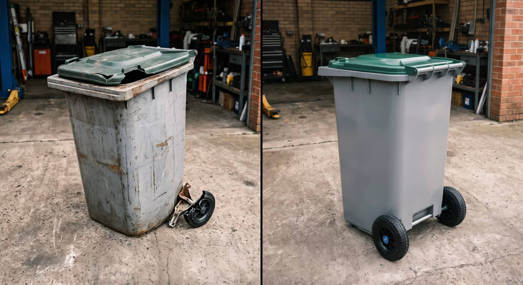 Wheelie bin spare parts including replacement wheel, axle and lid for repairing damaged bins